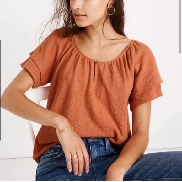 Madewell Orange Textures & Thread Crinkle Ruffle Sleeve Blouse - Picture 1 of 6